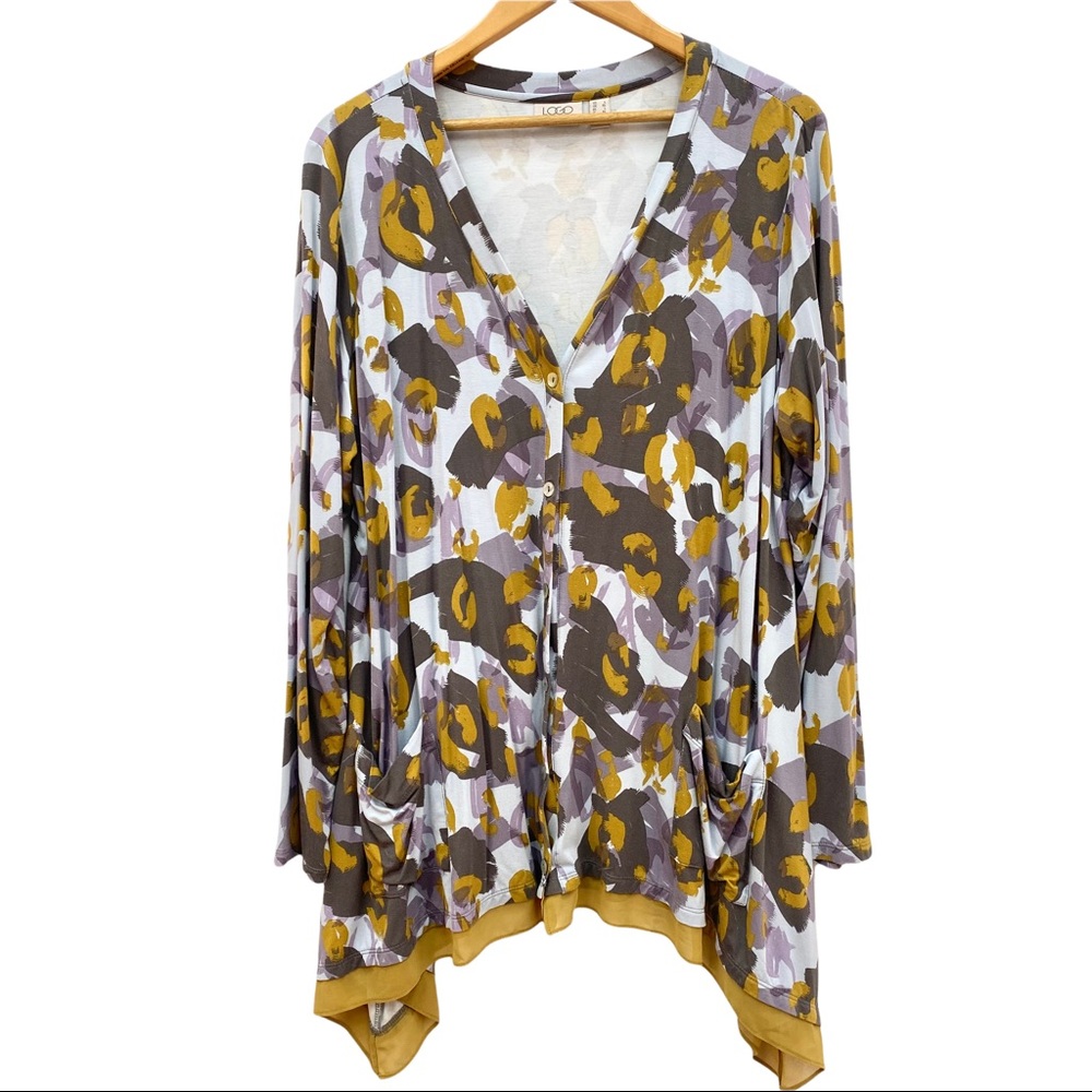 LOGO by LORI GOLDSTEIN Mustard and Purple Multi Button Down Top with Chiffon Hem